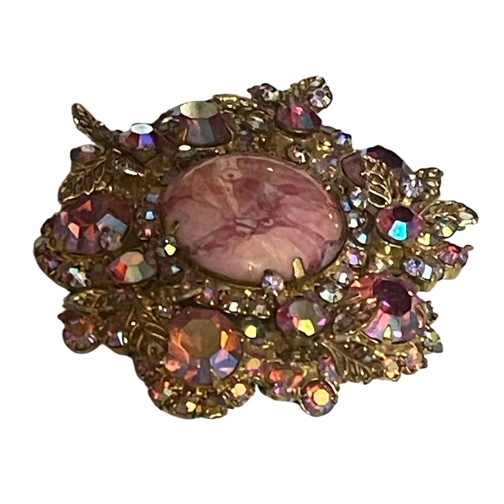 Vintage Juliana Large Pink Marbled Cabochon Aurora Borealis Crystal Brooch - Picture 5 of 9